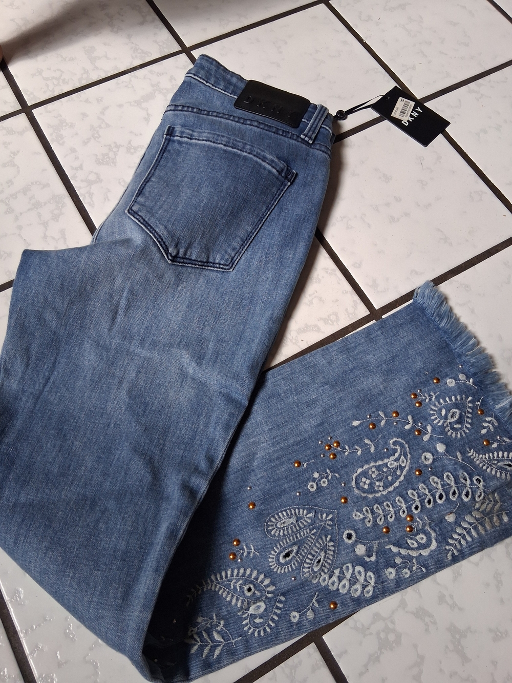 DKNY Light Blue Jeans with Embroidered & Beaded Hem